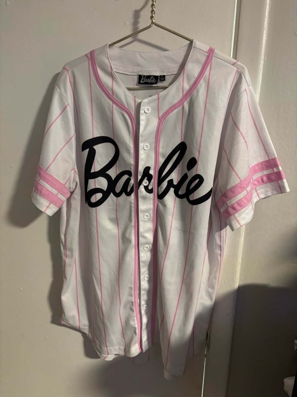 Barbie Pink White Pinstripe Button Front Baseball Jersey Top Size L
(935)